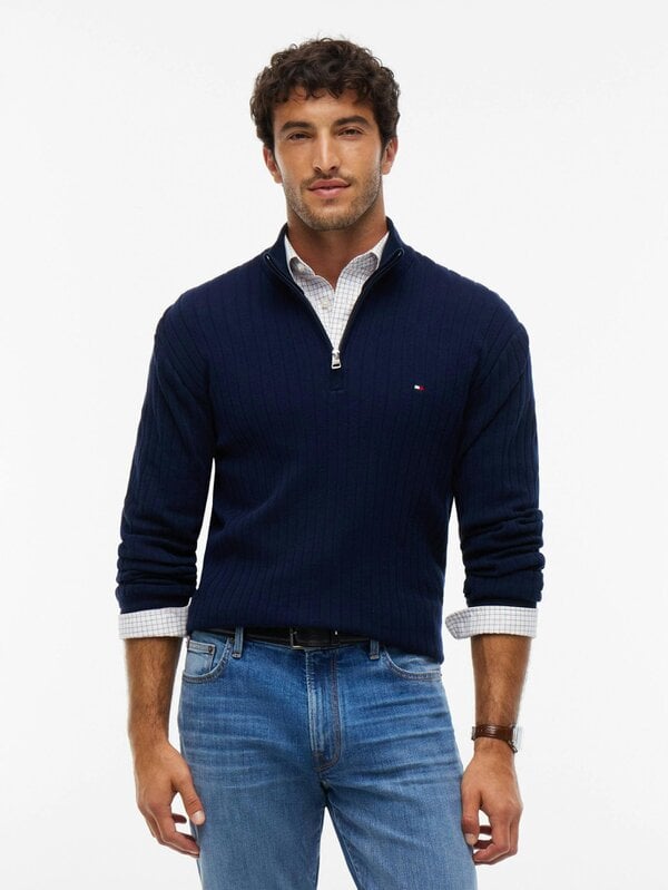 Tommy Hilfiger Wide Rib-Knit Mens Quarter-Zip Jumper - Carbon Navy