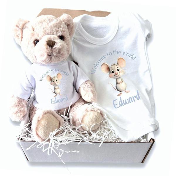 Personalised Blue Mouse Baby Gift Box - Teddy & Vest