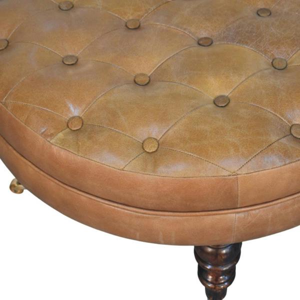 Artisan Furniture Solid Wood Brown Buffalo Leather Round Ottoman with Castor Legs