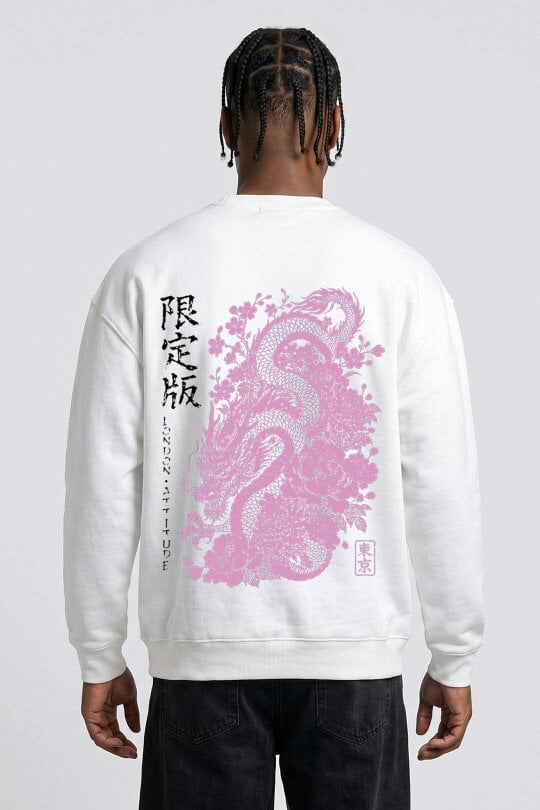 London Attitude Oversized Heavyweight Japanese Dragon & Floral Graphic Sweatshirt
