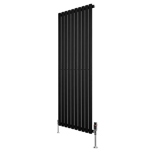 Sleek black oval single column radiator with vertical slats, measuring 1600mm x 600mm, includes stylish valves for modern decor