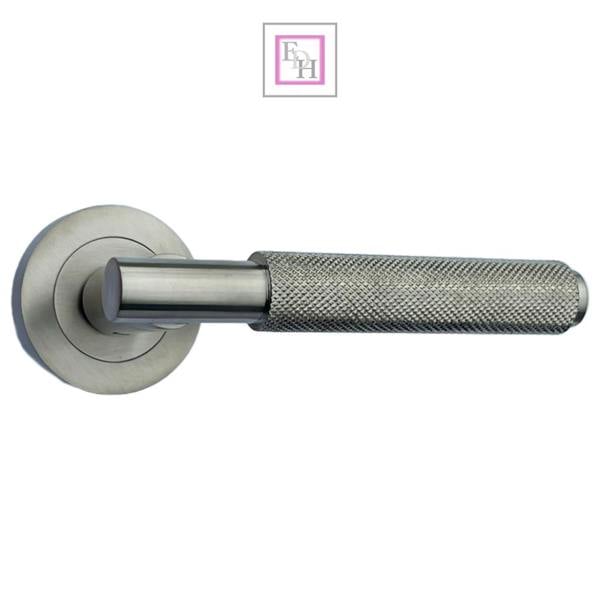 EDH Door Hardware Satin Nickel Knurled Door Handles on Round Rose – Modern Internal Lever Handle