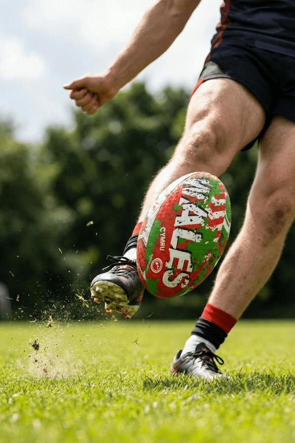 Player kicking a red, green and white Optimum Wales rugby ball, spraying turf, on a grass field - Optimum