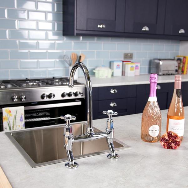 Flode Larvik | Kitchen Crosshead Bridge Mixer Tap | Polished Chrome Finish
