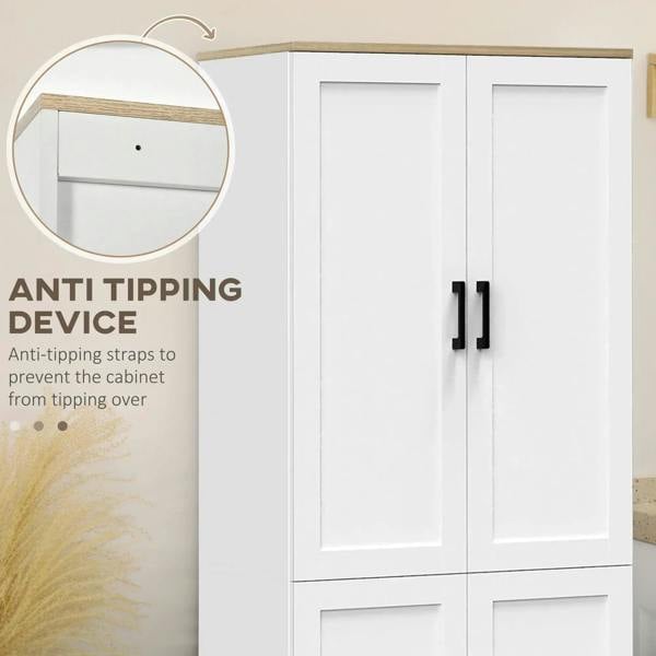 White kitchen cupboard with two doors and black bar handles, anti-tipping strap detail.