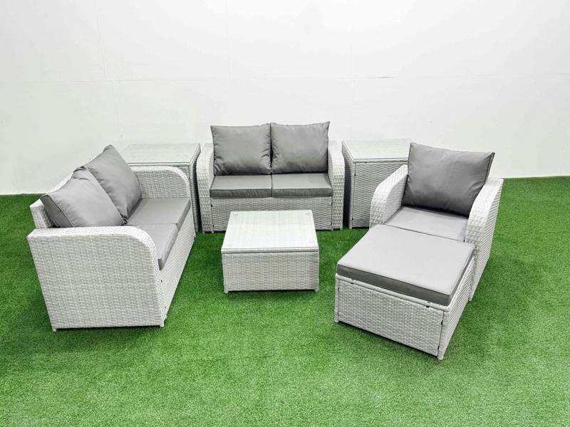 Fimous High Back Outdoor Sofa Set, Poly Rattan, Reclining Loveseat, Square Coffee Table, Big Stool and 2 Side Tables, Light Grey