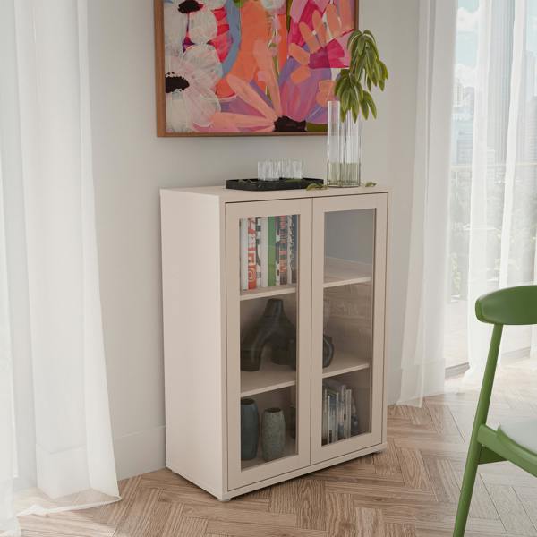 Furniture To Go Alice Springs Low Glass Fronted Cabinet with 2 Push-to-Open Doors in Sand