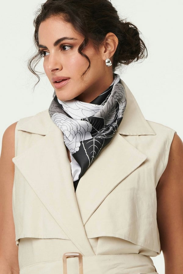 Black | Floral Border Print Satin Square Scarf
