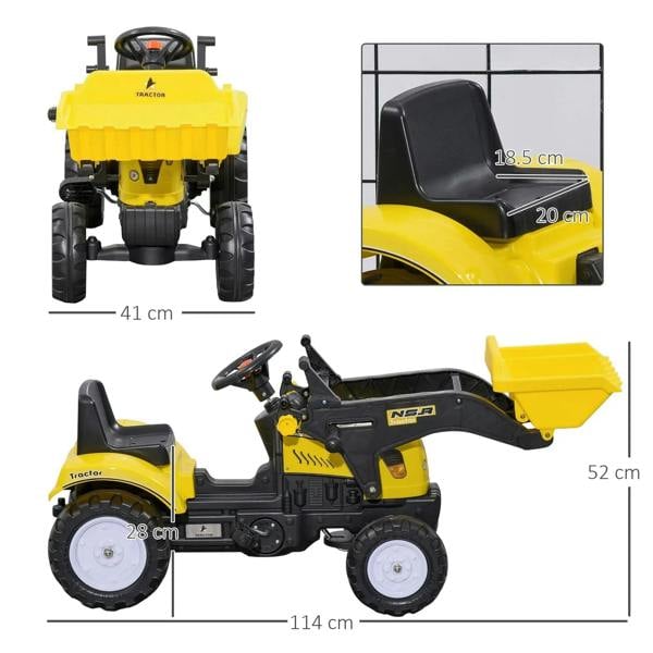 Yellow and black ride-on excavator go-kart with front loader bucket, side view