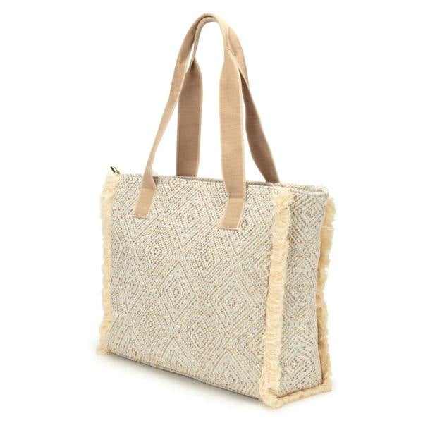 Elie Beaumont Summer Tote - Fringe Powder Blue Diamond Jacquard weave