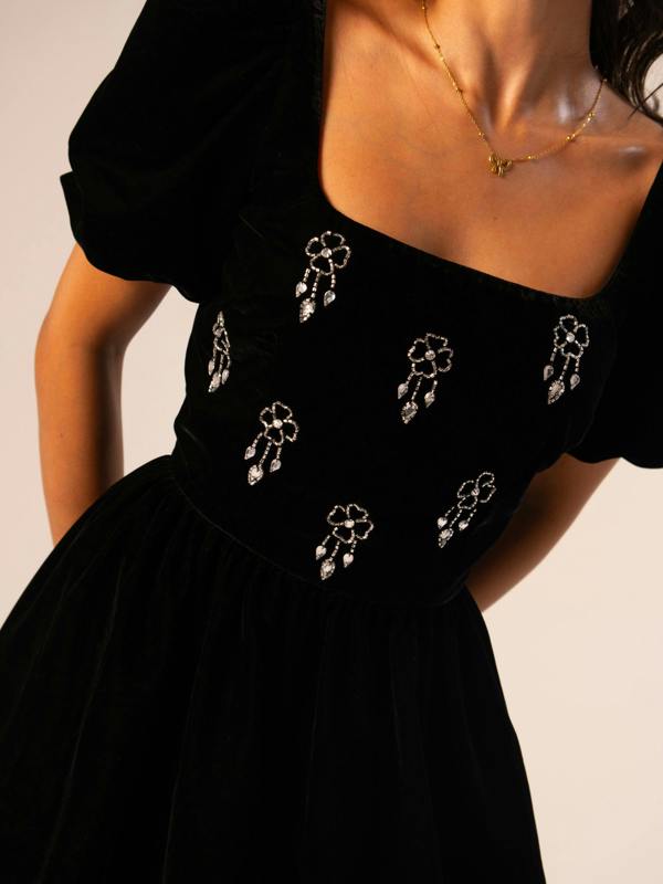 Rose & Nancy Jolene Black Hand Embellished Square Neck Velvet Mini Dress