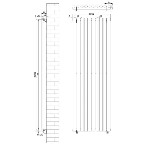 Anthracite grey oval single column radiator with dimensions 1800mm x 600mm, featuring vertical bars and sleek design for modern interiors