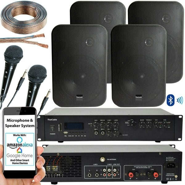 400W Bluetooth Sound System 4x Black 200W Wall Speaker Karaoke Amp & Microphones