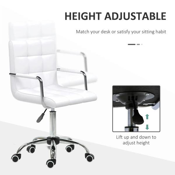 White height-adjustable office chair with armrests, padded mid-back, and swivel base