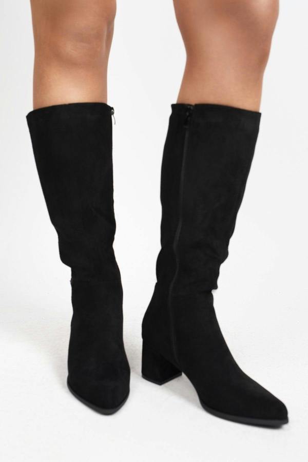 Ardina Suede Knee High Block Heel Boots - Black