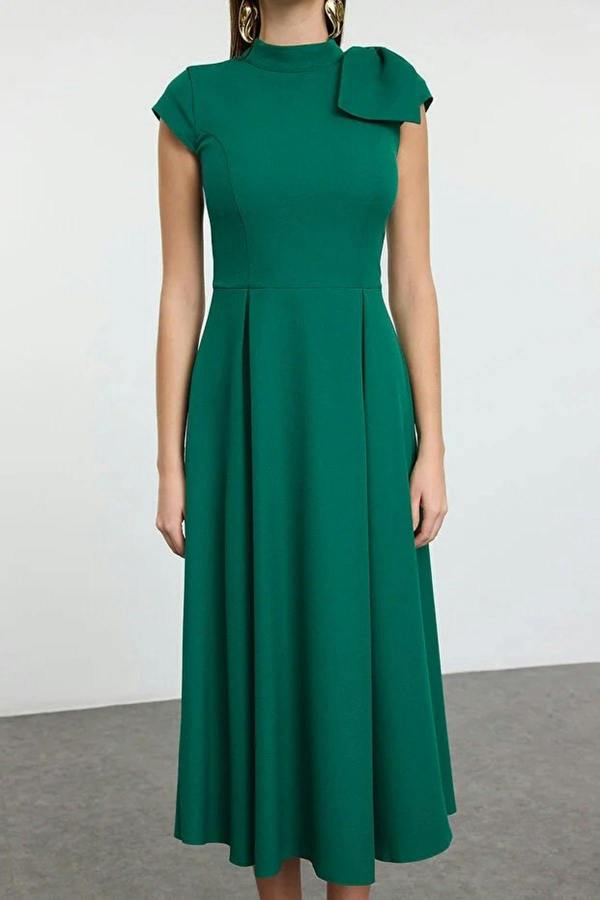High Neck Pleated Midi Dress with Bow Detail