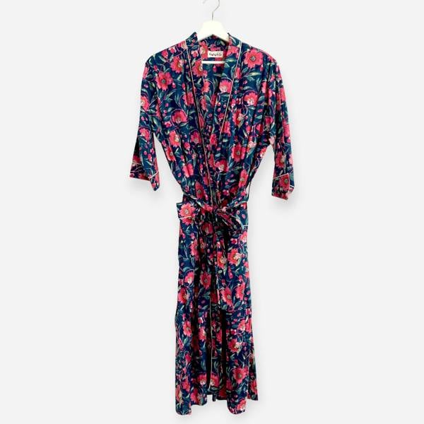 Hayley & Co Navy and Pink Floral Block Print 100% Cotton Dressing Gown