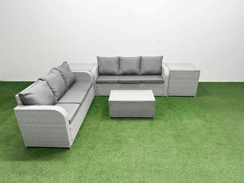 Fimous 6-Seater Light Grey Rattan Outdoor Sofa Set | Rectangular Coffee Table, High Back Lounge Sofa, 2 Side Tables