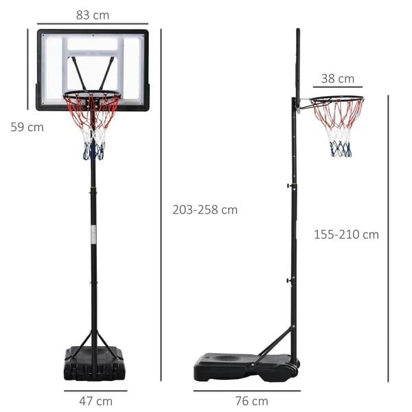 Black height-adjustable basketball hoop stand with base and red net