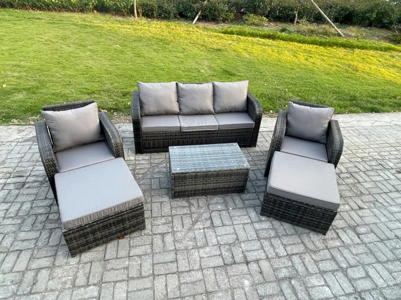 Fimous Wicker PE Rattan Garden Furniture Set 7 Seater Outdoor Lounge Sofa Set with Coffee Table 2 Big Footstool Dark Grey Mixed