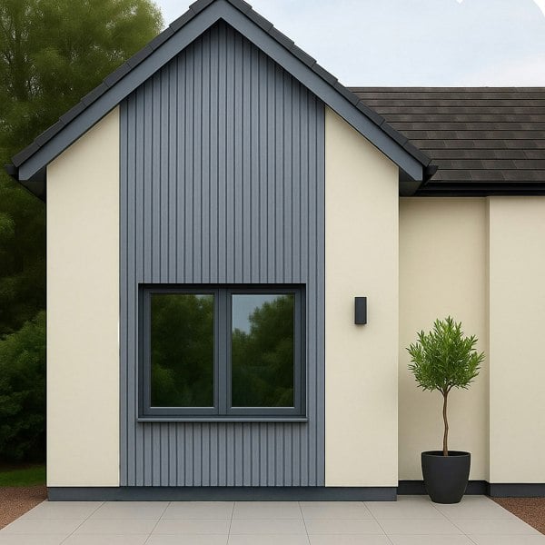 WPC slatted wall cladding panels in grey, showcasing a modern textured finish, ideal for enhancing exterior aesthetics