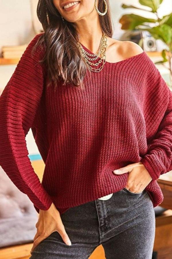 Hoxton Gal V-Neck Fisherman’s Rib Knit Oversized Sweater