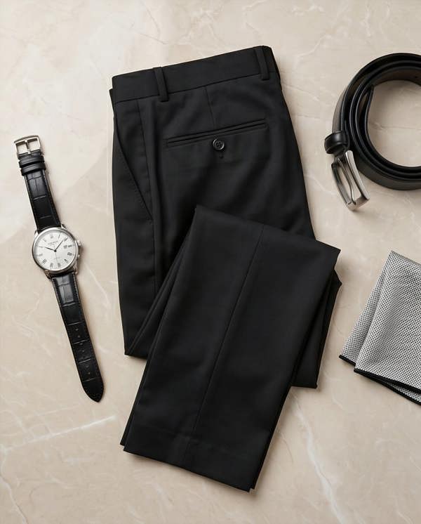 Black dress pants with a watch, belt, and pocket square on a beige surface