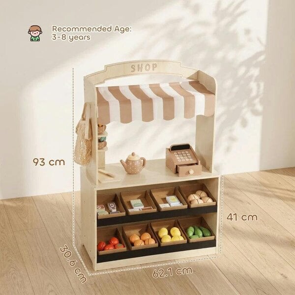 Bobobiy Pretend Play Shop, Wooden Kids Grocery Store Playset with Play Food, Cash Register, Chalkboard, 61 Accessories for 3-8