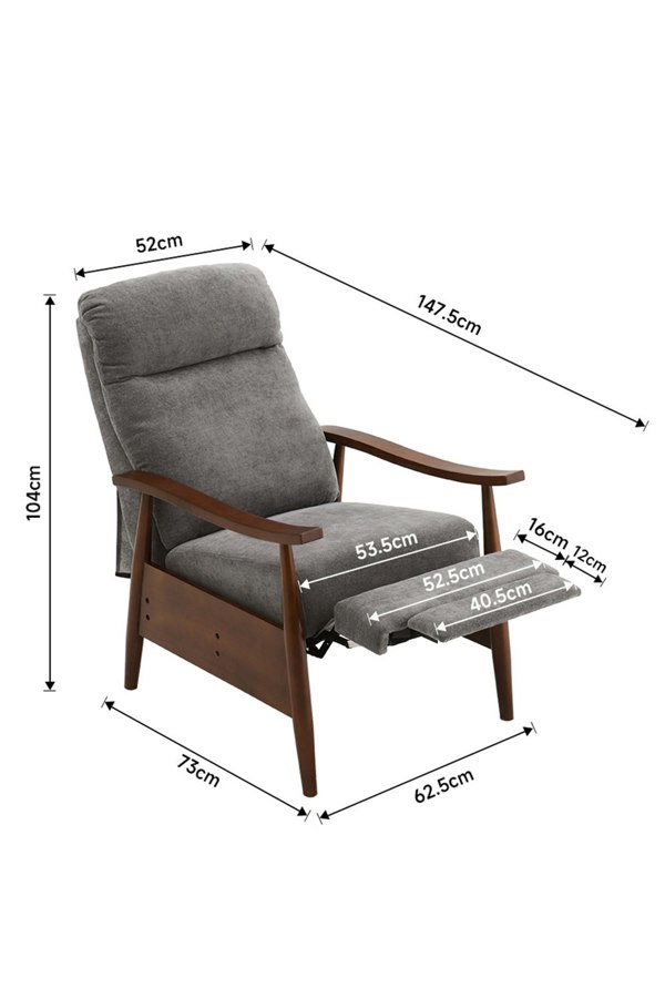 Living and Home Grey Manual Recliner with Walnut Colored Wooden Armrests