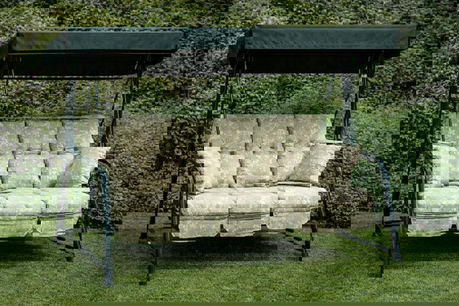 REPLACEMENT CUSHION ONLY Vienna Deluxe 3 Seater Garden Hammock (Pattern options available) 153cm (H) x 140cm (W) X 121cm (D) Renaissance Sage (Green Frame) The Garden Furniture Shop