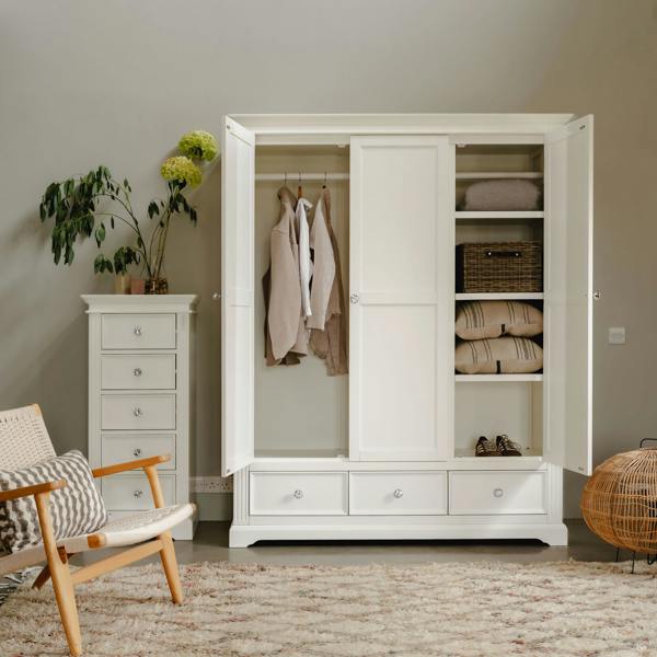 Statement Furniture Gainsborough White Three Door, Tree Drawer Wardrobe with Crystal Handles