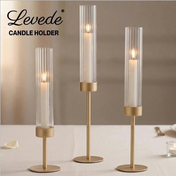 Levede Candle Holder Gold Metal Glass Tube Candlestick Holders Set of 3 Decor