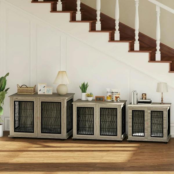 Set of grey dog crate furniture tables with black wire doors for multiple indoor dogs