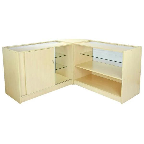 Light maple wood retail display set featuring glass shelves and a secure cabinet, ideal for showcasing products in stores