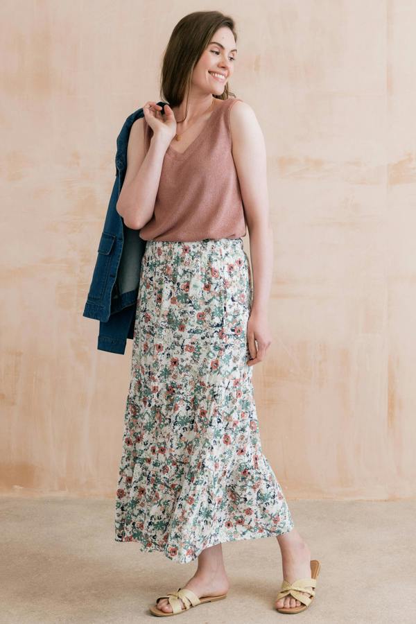 Lily & Me Evie Printed Midi Skirt Ecru