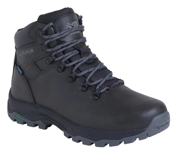 Karrimor Mendip 4 Men's Walking Hiking Lace-Up Trek Leather Boots, black waterproof hiking boots with durable lace-up system and rugged sole for outdoor trekking.