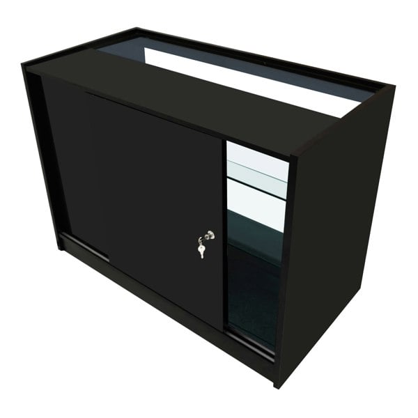 Black Calliope LED shop counter set featuring sleek design, sliding door, glass shelves, and modern finish, ideal for retail displays