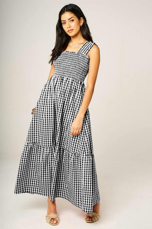 FS Collection Check Print Hem Detail Maxi Dress In Black