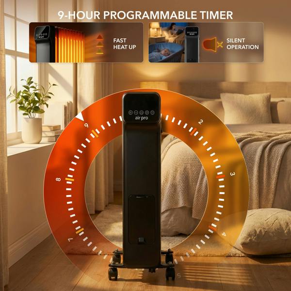 AIR PRO Oil-Filled Electric Radiator 2500W with Thermostat, 9 Hour Timer
