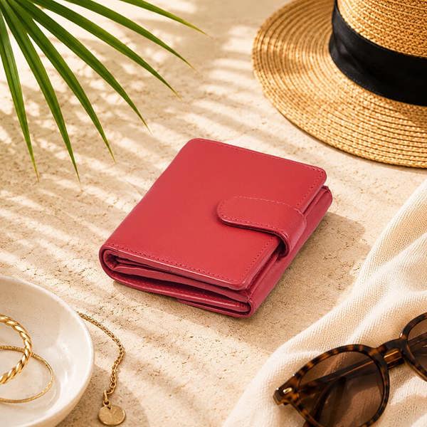 Red wallet on sand with a hat, sunglasses, and jewelry