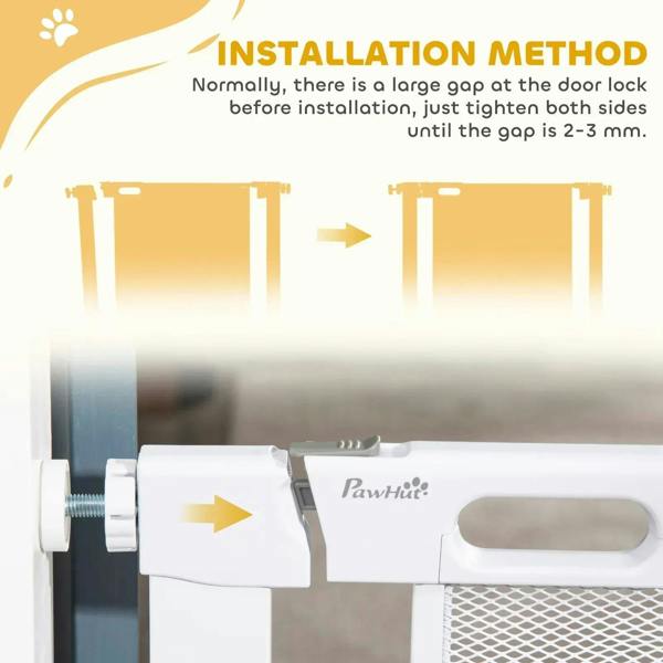 White pet safety gate installation close-up with screw and PawHut logo