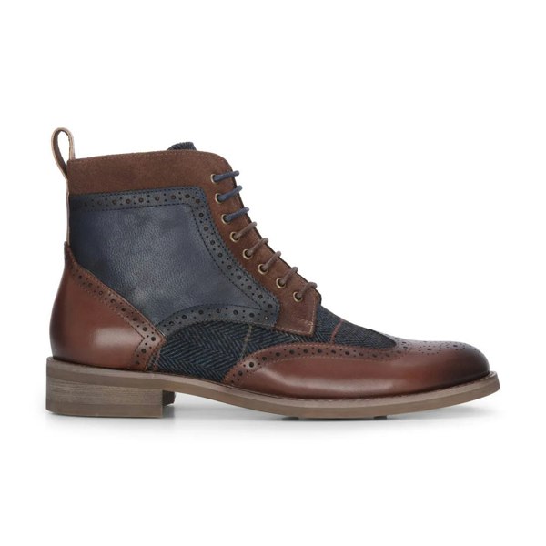 Justin Reess Teddy - Men's Brown Leather Navy Tweed Oxford Shoes