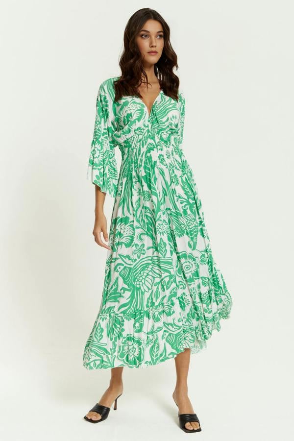 Hoxton Gal Oversized V Neck Detailed Floral Print Maxi Dress in Green and White
