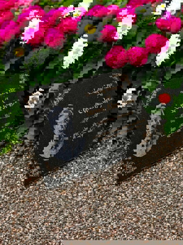 Memorials Direct Granite Memorial Plaque, Flowers, Add a Portrait, Personalised Text and Stand Included