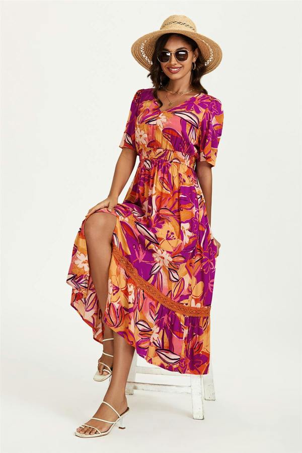FS Collection Floral Print Button Down Maxi Dress In Pink Orange