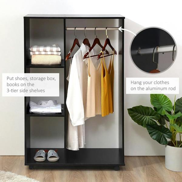 Black wardrobe on wheels with hanging rail, three shelves, folded clothes, and shoes