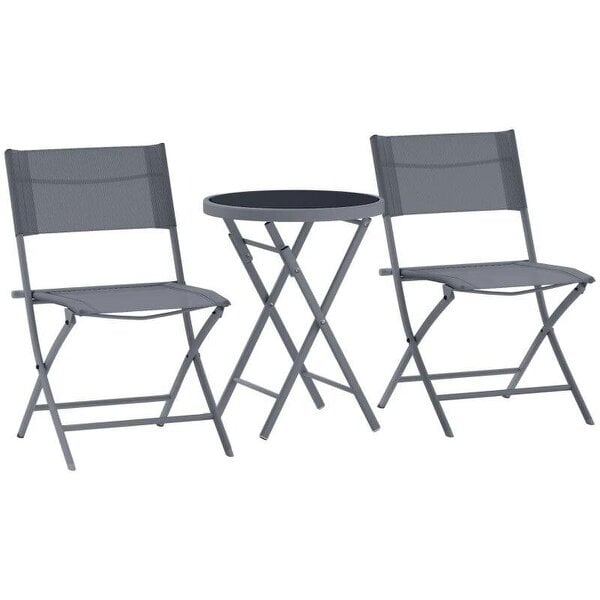 3 Pieces Outdoor Bistro Set, Glass Top Outdoor Table and 2 Folding Chairs with Protecting Feet, Grey