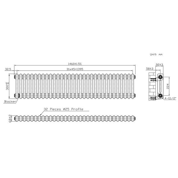 Monstershop Traditional 2 Column Radiator - 300 x 1460mm - Raw Metal