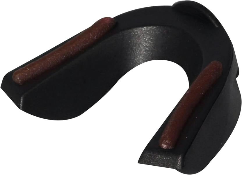 Black Optimum Matrix mouthguard, angled close-up showing U-shape and dark red gel channels, on white - Optimum