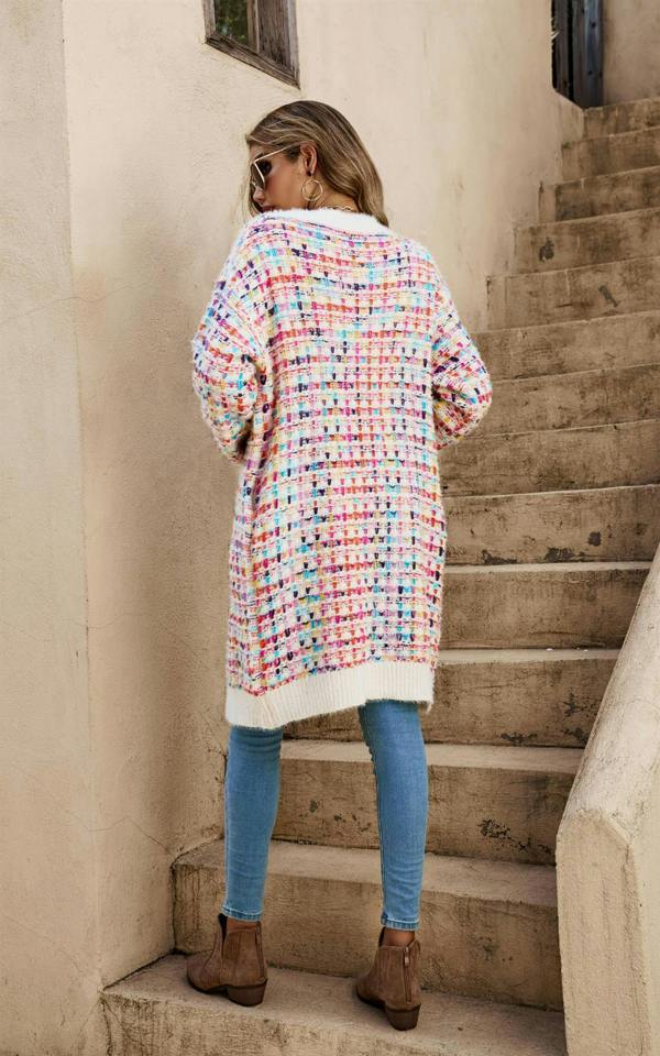 FS Collection Cream Boucle Check Cardigan In Rainbow Multicolour Speckles